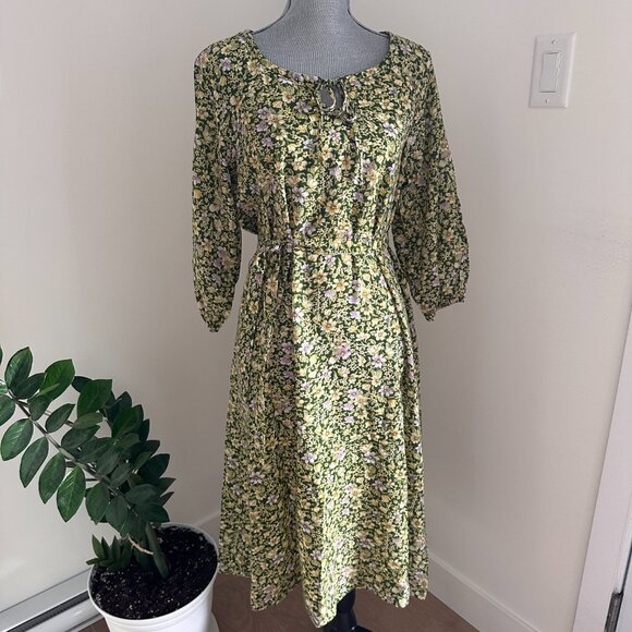 Vintage Prairie Boho Western Midi Dress - Dizy Floral Green/Yellow/Pink - Picture 10 of 10